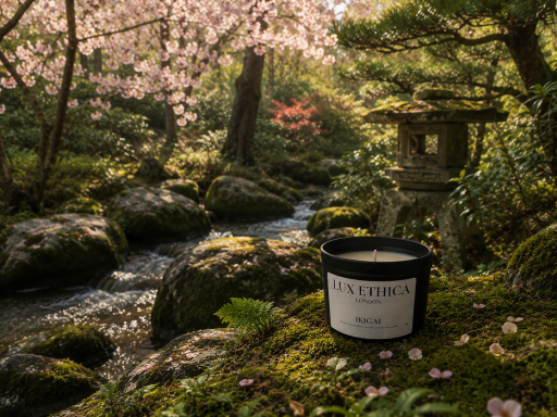 Ikigai light brown scented candle in black container