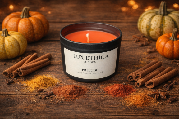 Prelude A scented candle surrounded by pumpkins and spices on a wooden surface.