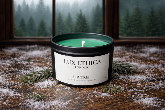 Fir Tree A green candle in a black jar, placed on a snowy surface near pine trees.