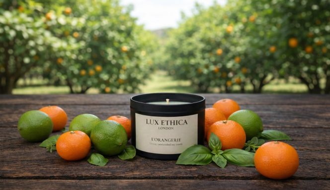 L'Orangerie A scented candle surrounded by oranges and limes on a wooden table in an orchard.